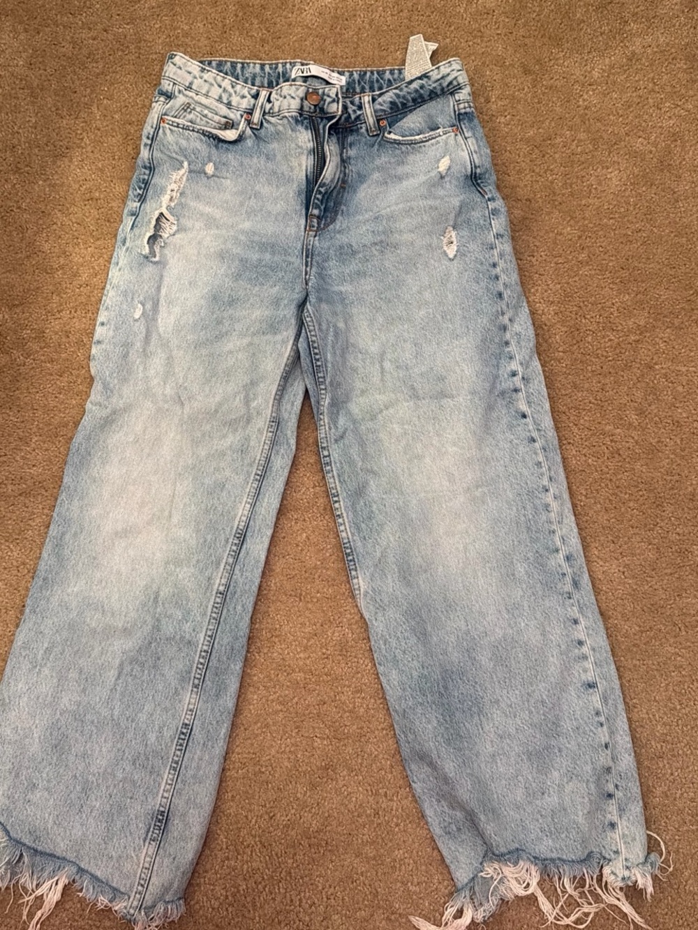 Zara Light Blue Distressed Wide-Leg Jeans